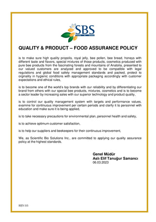 QUALITY & PRODUCT - FOOD ASSURANCE POLICY - Certificate