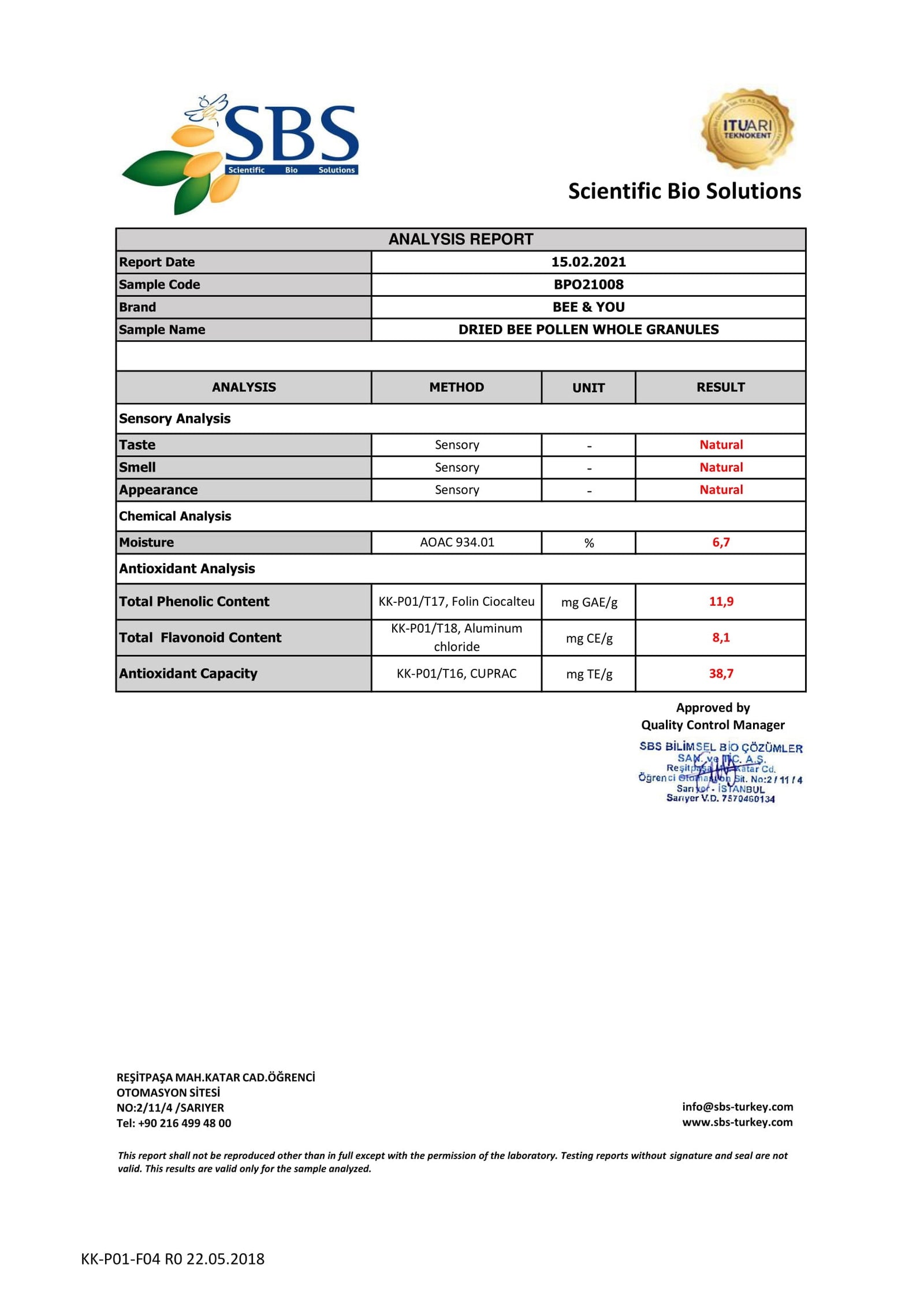 DRIED BEE POLLEN WHOLE GRANULES