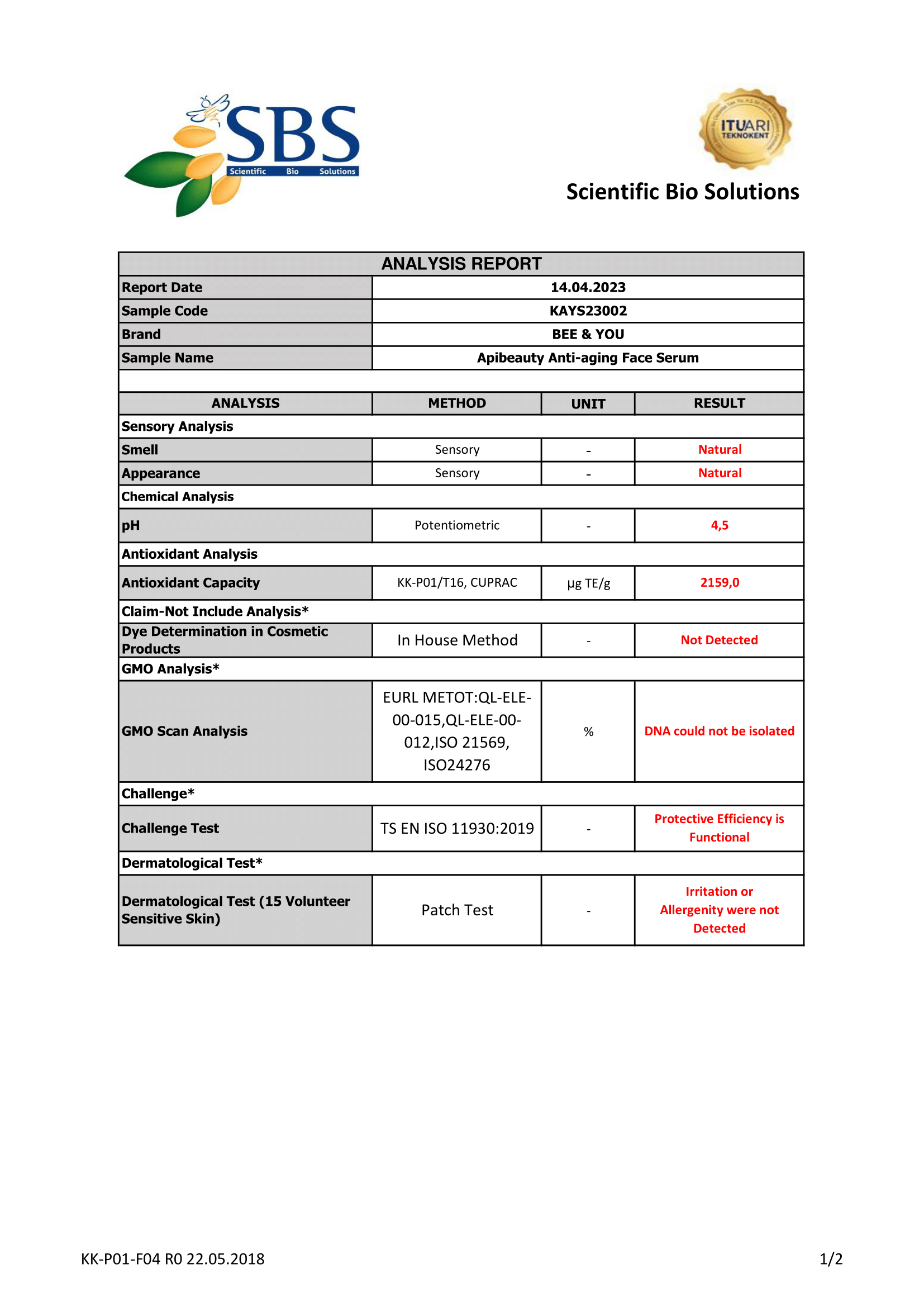 Apibeauty Anti-aging Face Serum - Analysis 1