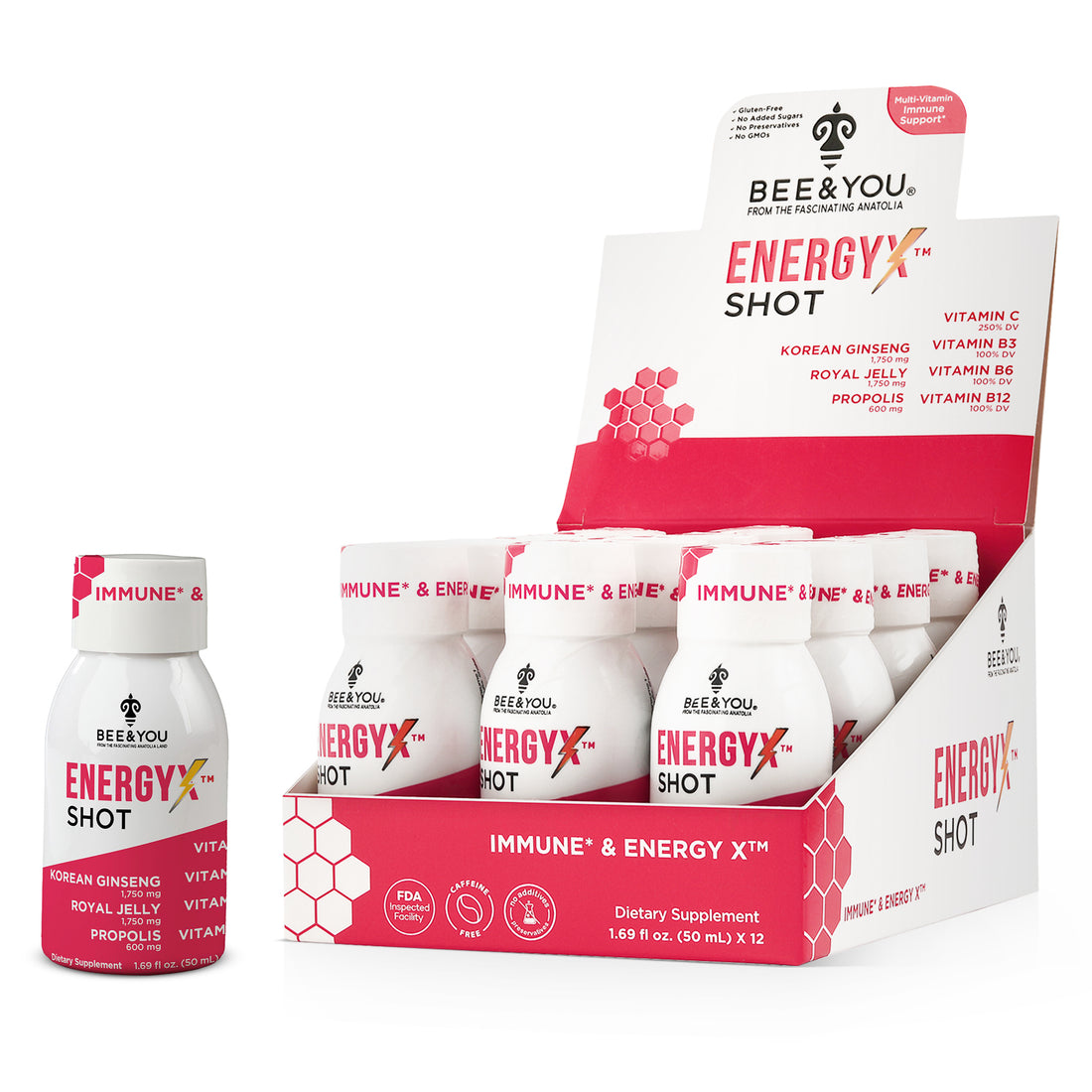 Energy-X Royal Jelly Red Ginseng Propolis Raw Honey Shots for Adult x12