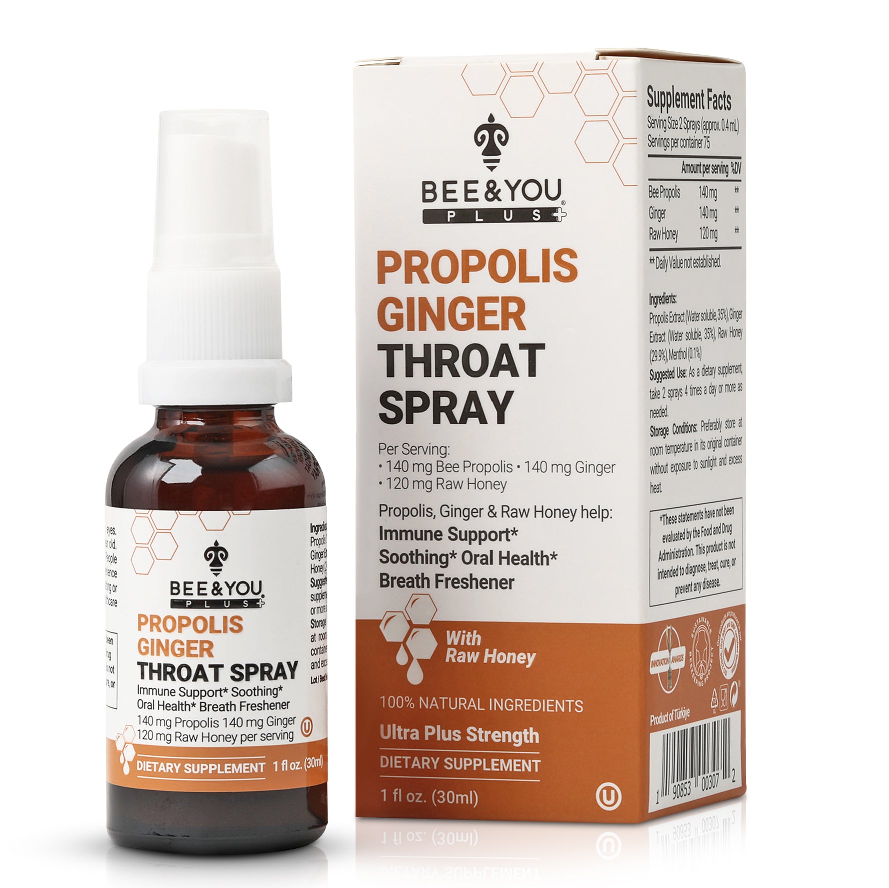 Propolis Ginger Raw Honey Throat Spray with Menthol